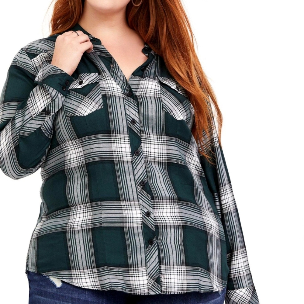 Torrid Green and Black Plaid Long Sleeve Button-Up Top
